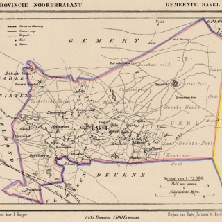 244-Landkaart Bakel en Milheeze, ontwerp van J. Kuyper uit 1865-1870. Volgens deze kaart bestond de gemeente uit 7587 bunders en 1700 inwoners.